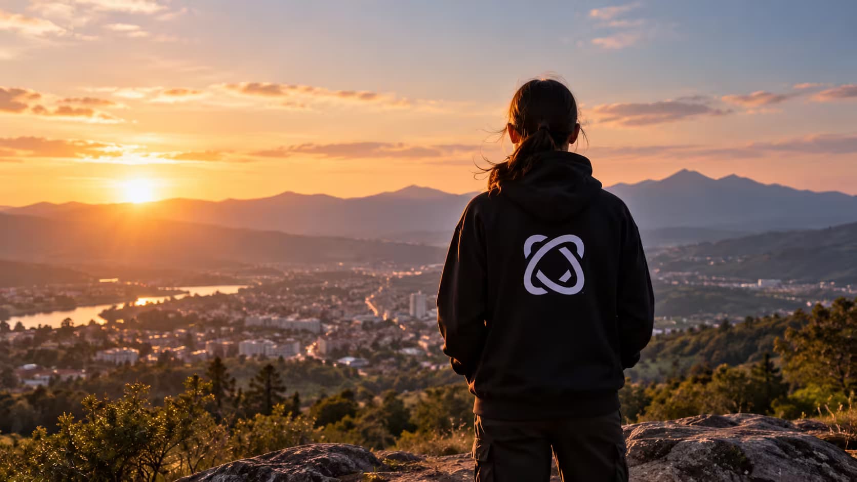 A young person wearing Fundación Quark clothing looking toward the horizon