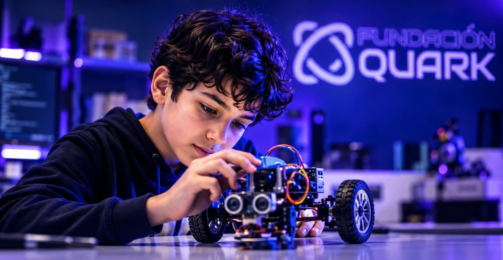 A young student building a robot at Fundación Quark