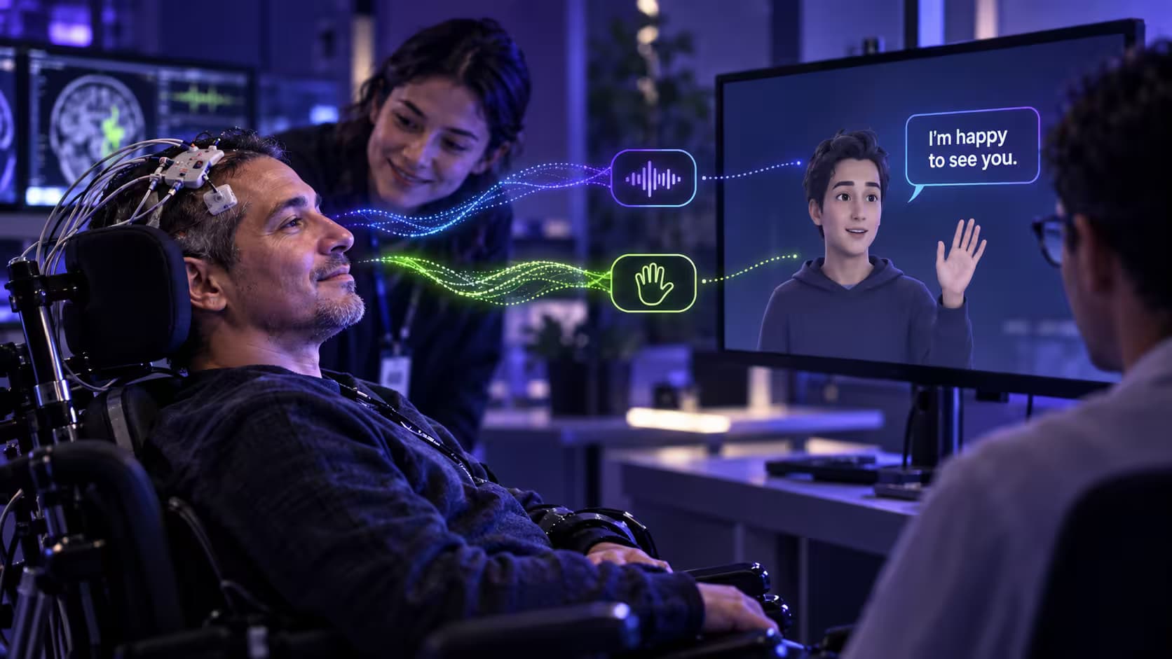 A person using an assistive brain-computer interface to communicate through a virtual avatar with speech and gestures