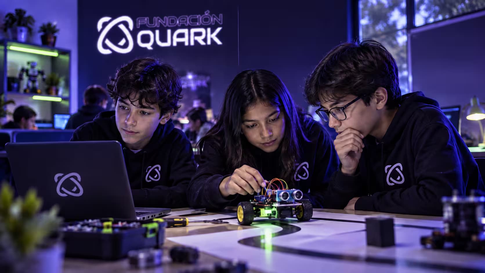 A student building a small robotics prototype in a technology lab